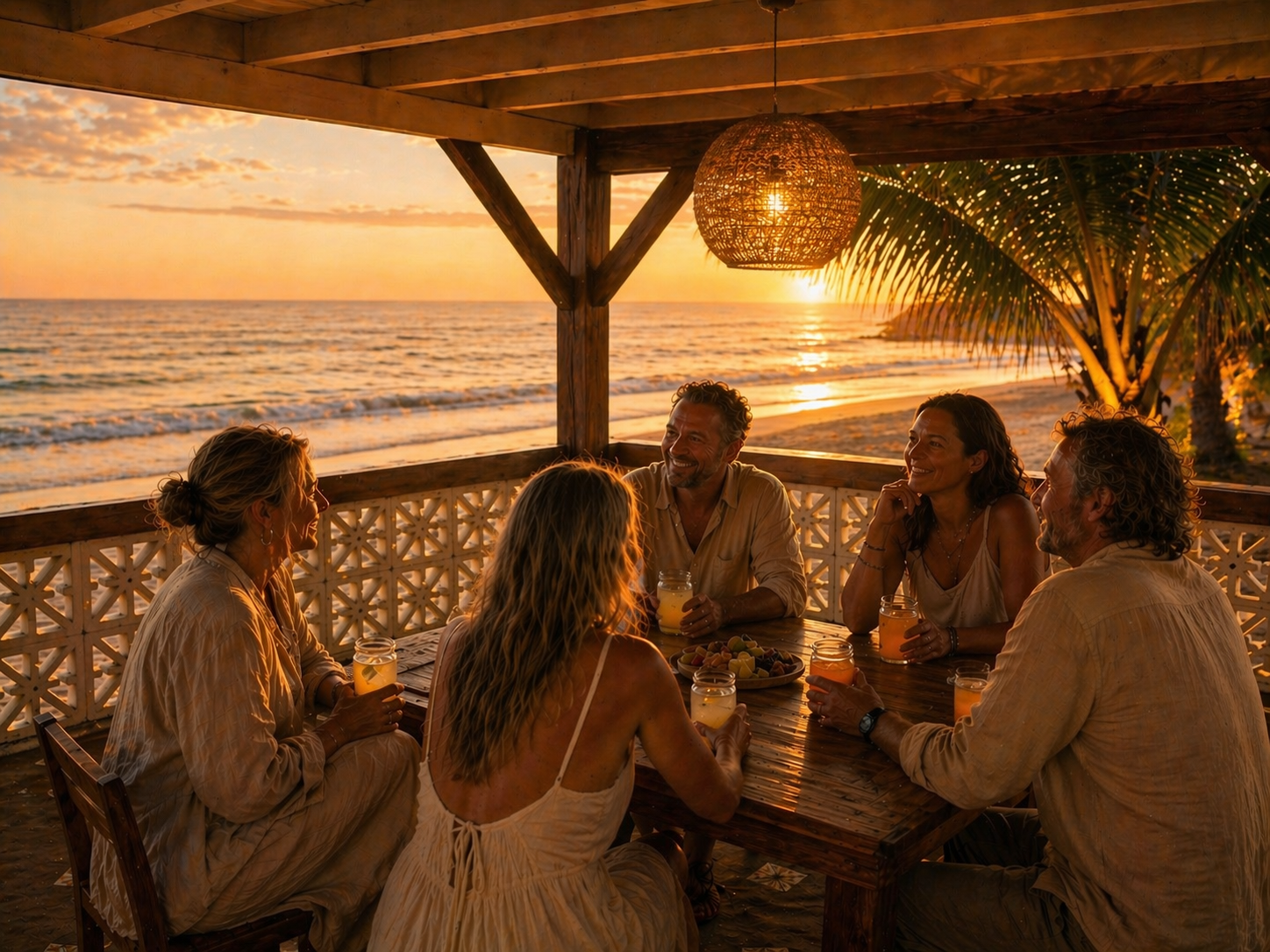 A small group laughing together under the rancho, soft lantern light.