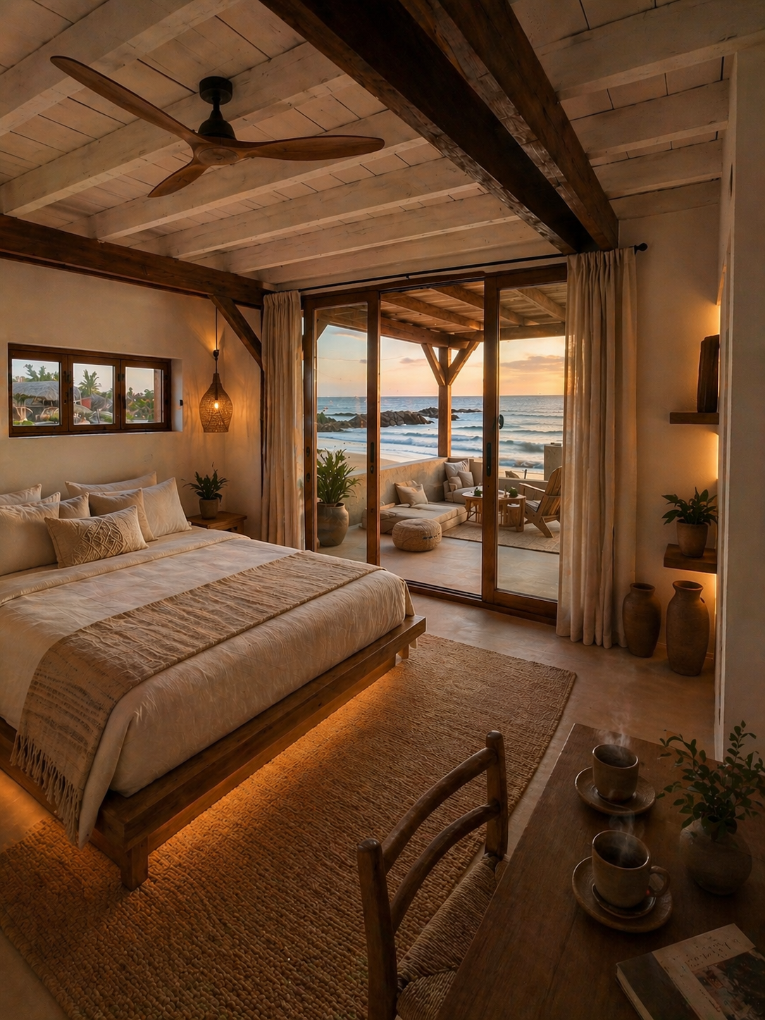 Soft morning light across a linen-draped bed opening onto a terrace above the ocean; two ceramic cups, steam rising.