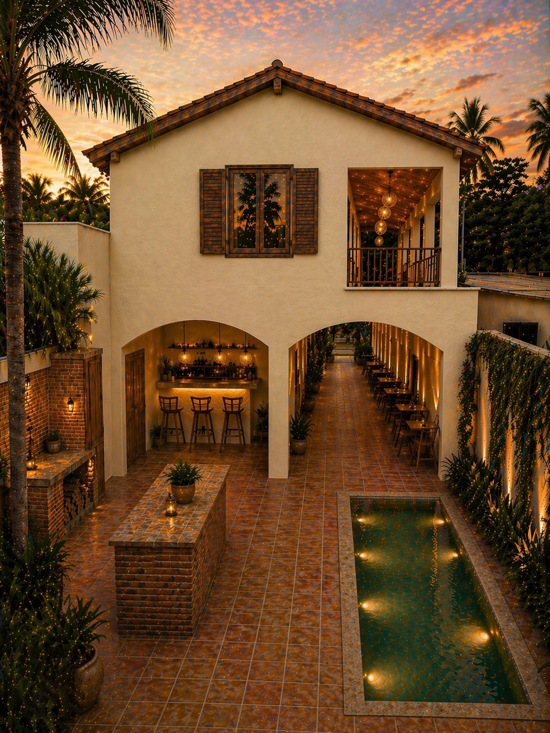 Aerial view of the courtyard at sunset — pool, garden café bar, brick outdoor kitchen and string lights aglow under a tiled-roof villa.