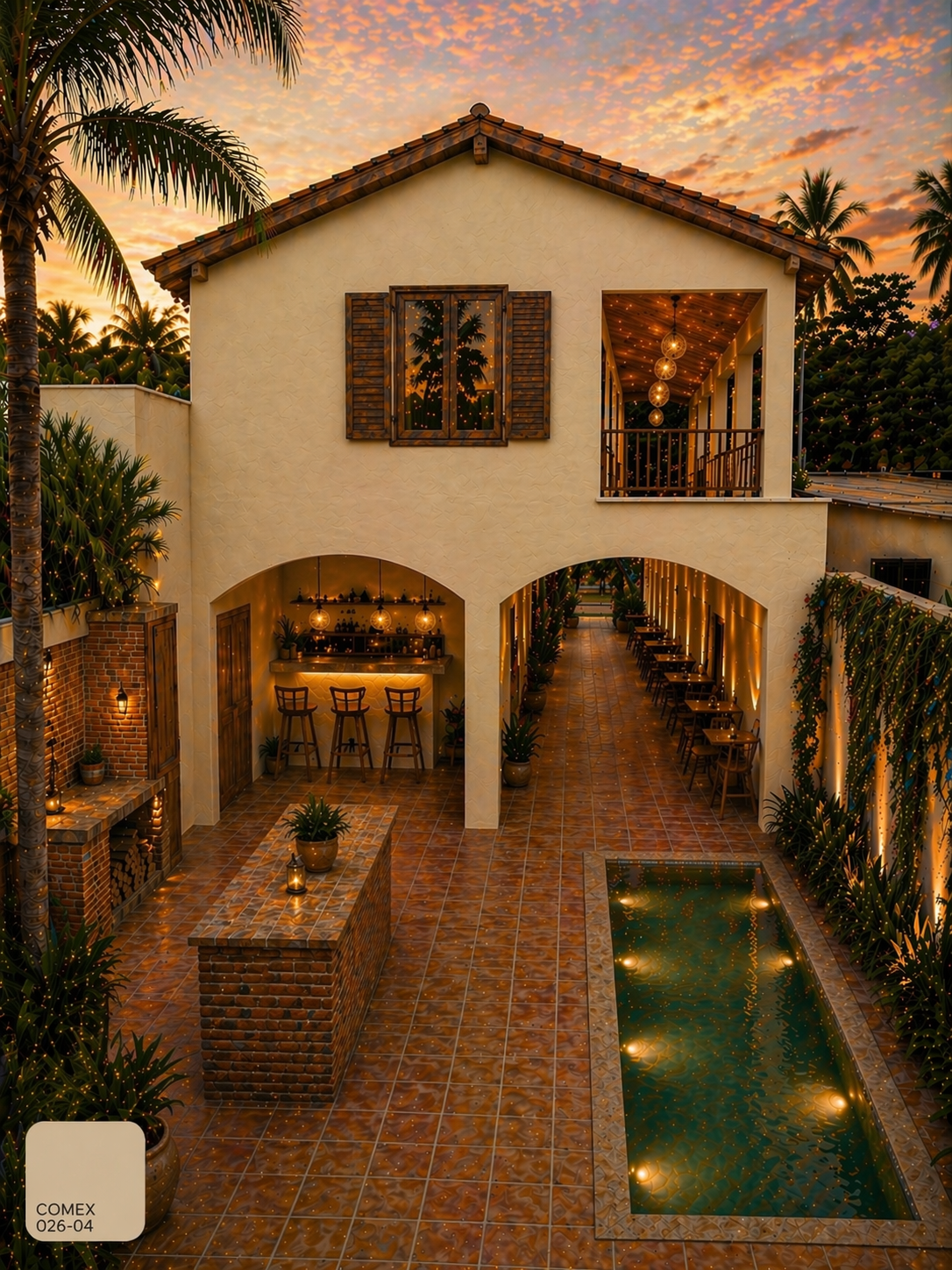 Low angle of the villa terrace at sunset, two chairs facing the ocean, a soft throw draped over one.