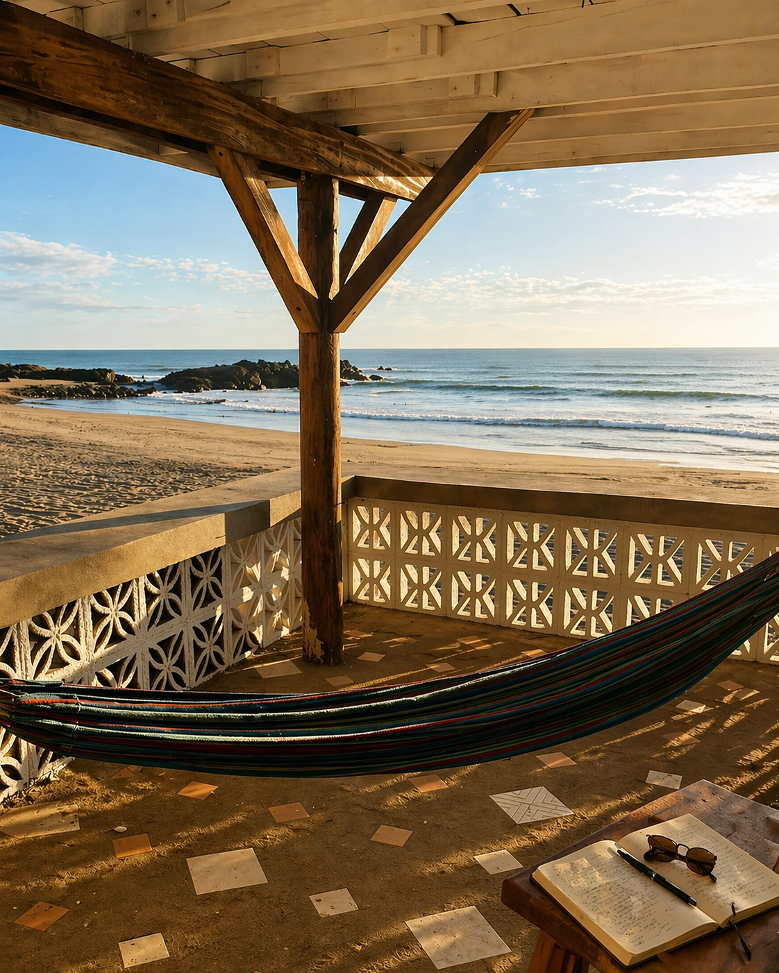 A shaded hammock between palms, an open journal and a pair of sunglasses.
