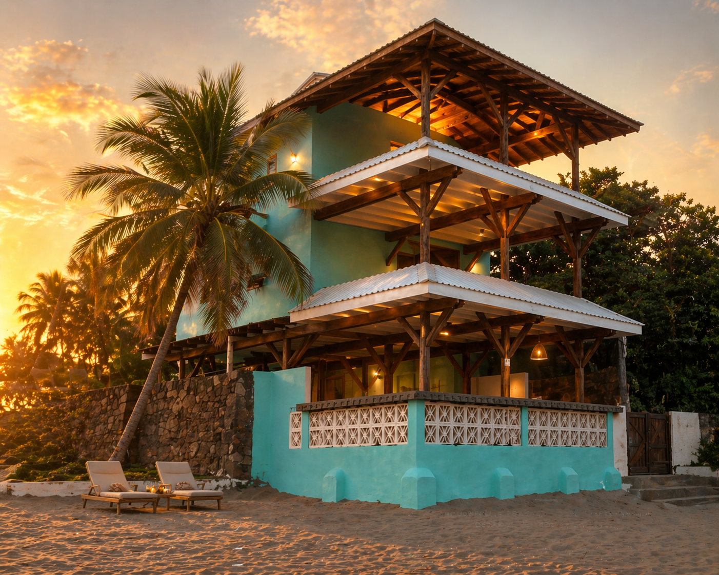 Sunrise surf lesson with an instructor guiding a small group of women, soft smiles, gentle waves.