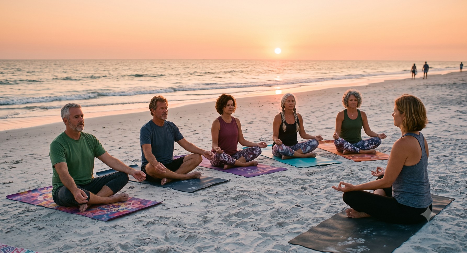 A small group in seated meditation on the sand at sunset, facing the ocean.