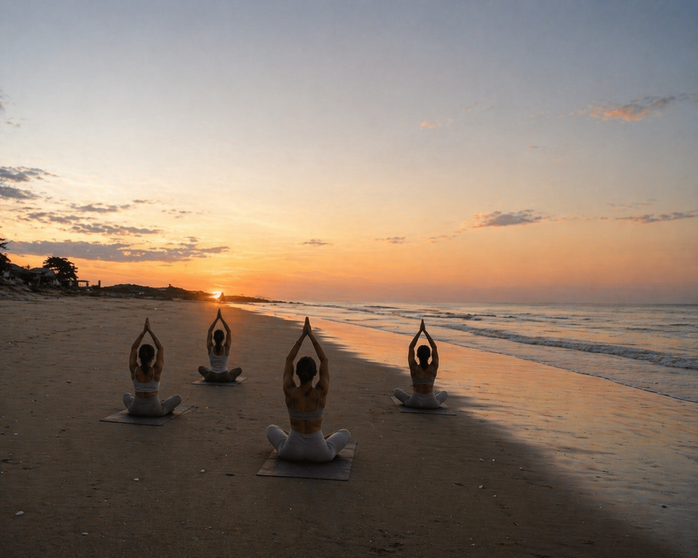 Outdoor yoga class at golden hour, bodies in slow flow with ocean in the background.